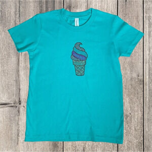 Handmade Girls Teal T-Shirt With Rhinestone Ice Cream Motif Size 6 Boutique